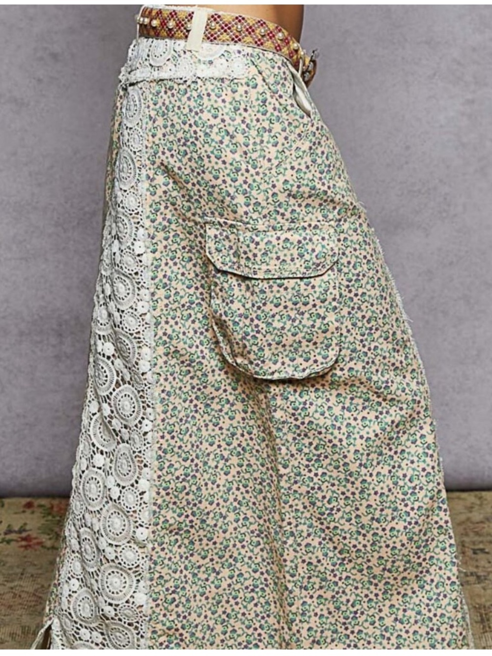 POL Boho Crochet Panel Maxi Skirt - Cream & Green - Picture 2 of 7
